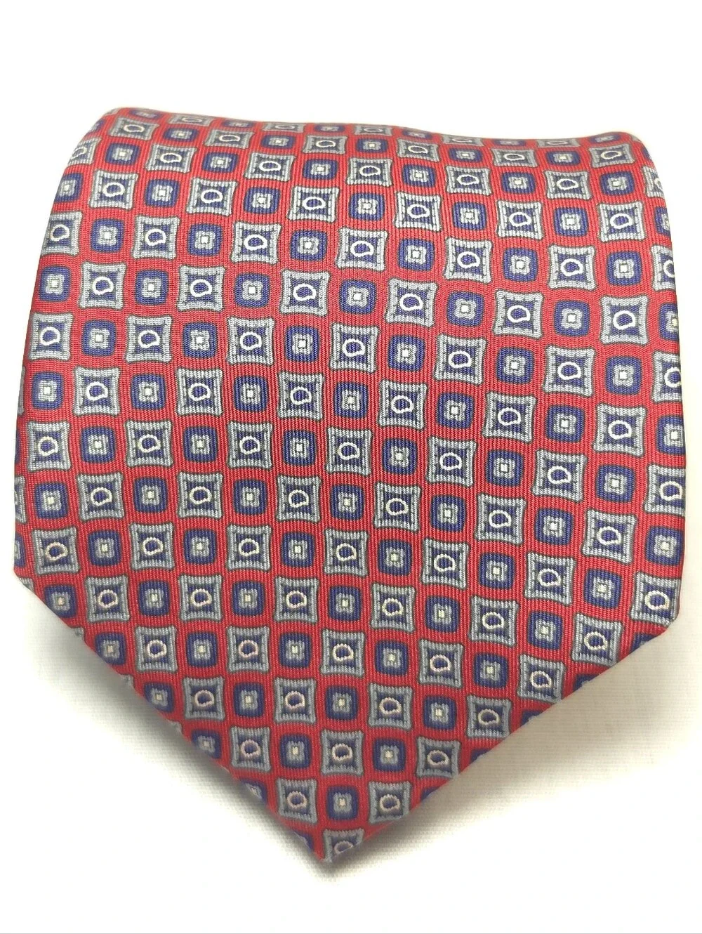 Vintage Giacomo Red Tie with Blue and White Geometric Squares